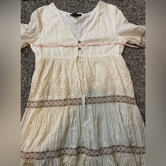 Dress Naoo Cream Boho Gold Stitch Embroidered Cotton Dress Made in India S - Picture 9 of 10